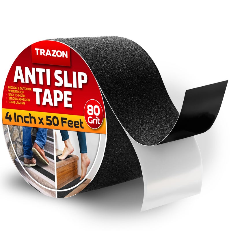 Trazon Grip Tape - Heavy Duty Anti Slip Tape for Stairs Outdoor/Indoor Waterproof 4Inch x 50Ft Safety Non Skid Roll for Stair Steps Ramp Traction Tread Staircases Grips Adhesive Non Slip Strips Walk Black - Image 1